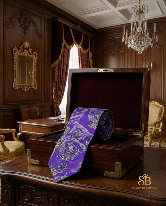 Purple pure silk Banarasi handloom necktie from Varanasi with hand printed ornamental scroll
