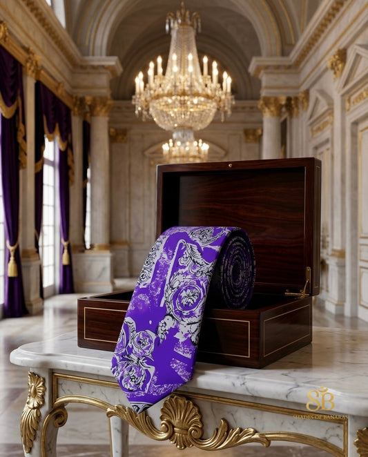 Purple pure silk Banarasi handloom necktie from Varanasi with hand printed ornamental scroll