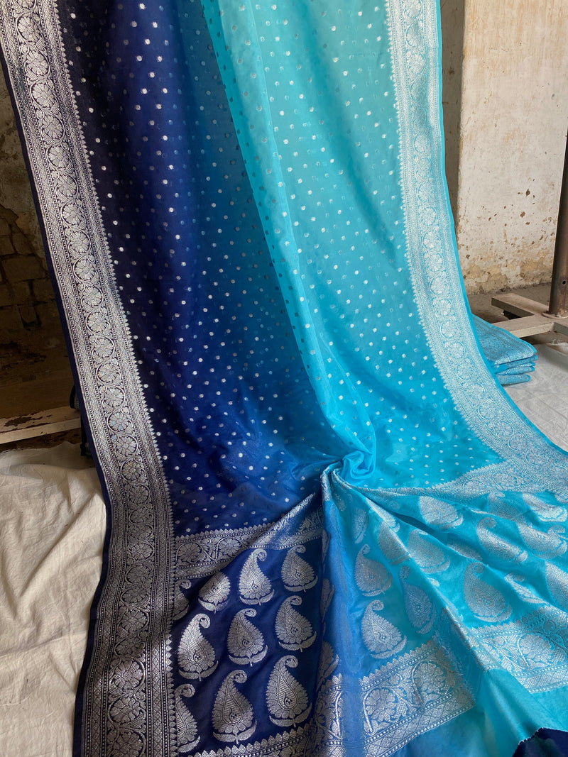 Radiant and Ethereal: Blue Pure Chiffon Banarasi Saree by Shades Of Benares - banarasi - banarasi saree shop