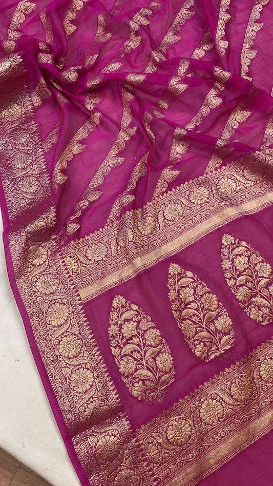 Radiant and Festive: Pink Handloom Georgette Banarasi Saree by Shades Of Benares - banarasi - banarasi saree shop