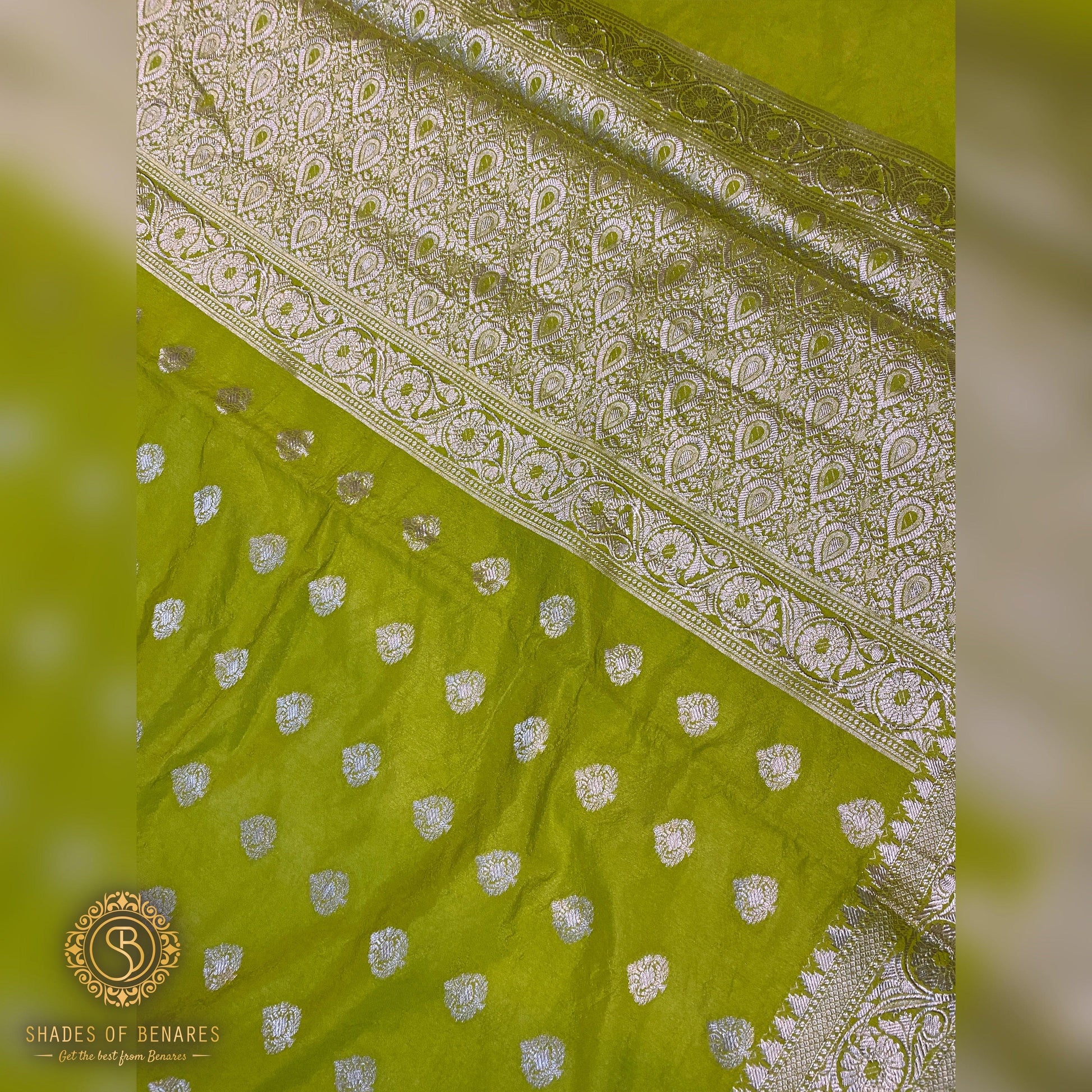 Radiant Bright Green Handloom Georgette Banarasi Sari: Elevate Your Party Look by Shades Of Benares - banarasi - banarasi saree shop