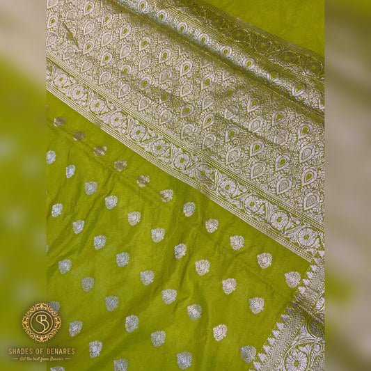 Radiant Bright Green Handloom Georgette Banarasi Sari: Elevate Your Party Look by Shades Of Benares - banarasi - banarasi saree shop