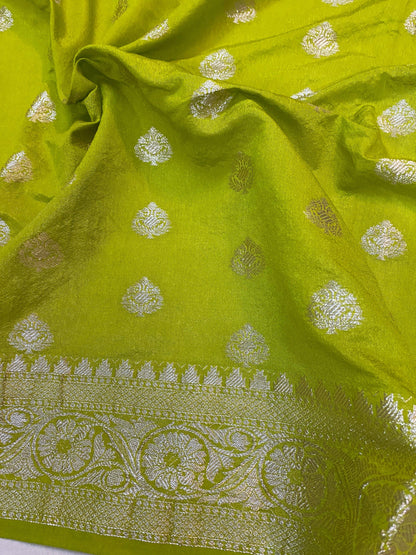 Radiant Bright Green Handloom Georgette Banarasi Sari: Elevate Your Party Look by Shades Of Benares - banarasi - banarasi saree shop