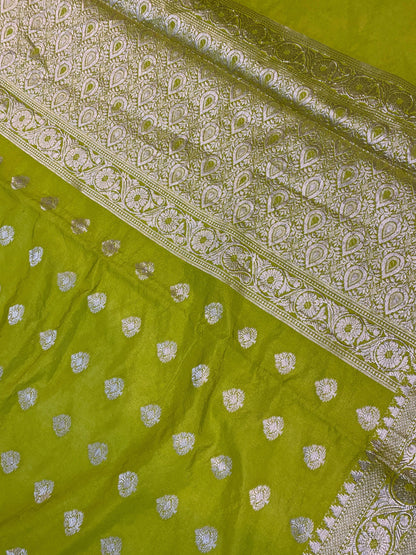 Radiant Bright Green Handloom Georgette Banarasi Sari: Elevate Your Party Look by Shades Of Benares - banarasi - banarasi saree shop