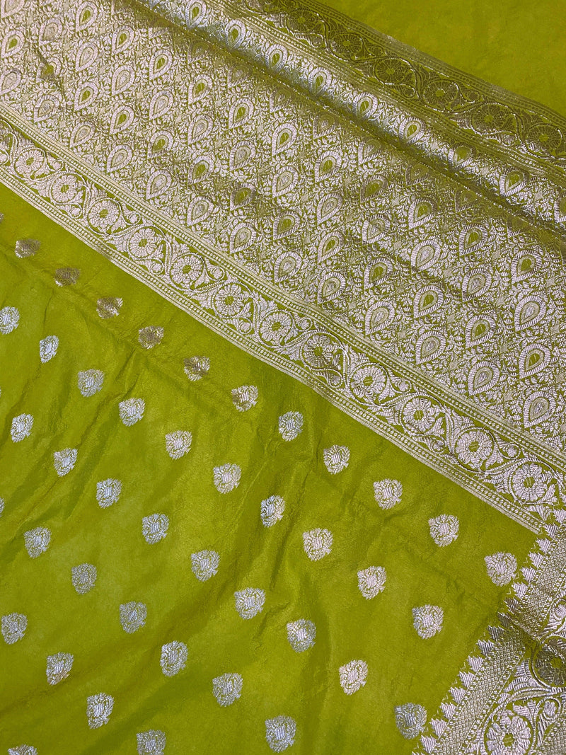 Radiant Bright Green Handloom Georgette Banarasi Sari: Elevate Your Party Look - Shades Of Benares