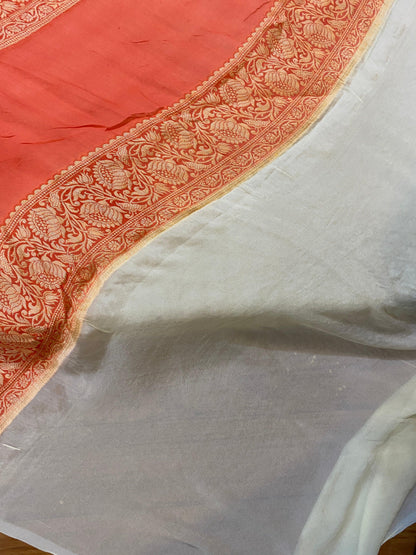 Radiant Charm: Peach Rangkaat Pure Khaddi Georgette Banarasi Saree by Shades Of Benares - banarasi - banarasi saree shop