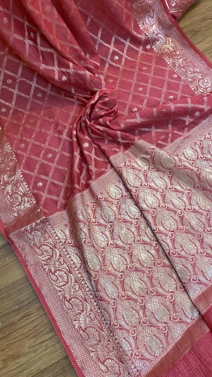 Radiant Elegance: Pink Moonga Pure Silk Handloom Banarasi Saree by Shades Of Benares - banarasi - banarasi saree shop