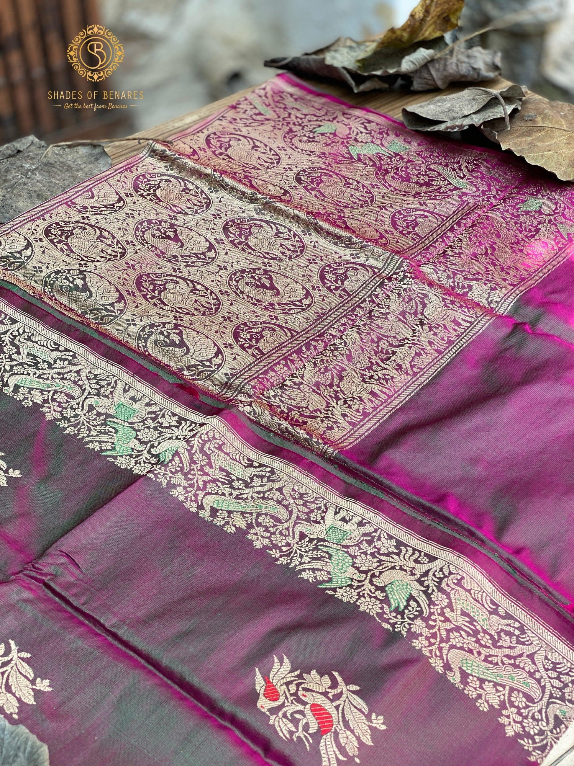 Radiant Greenish Pink Handloom Banarasi Silk Kadhwa Shikargaah Dhoop Chaav Sari by Shades Of Benares - banarasi - banarasi saree shop