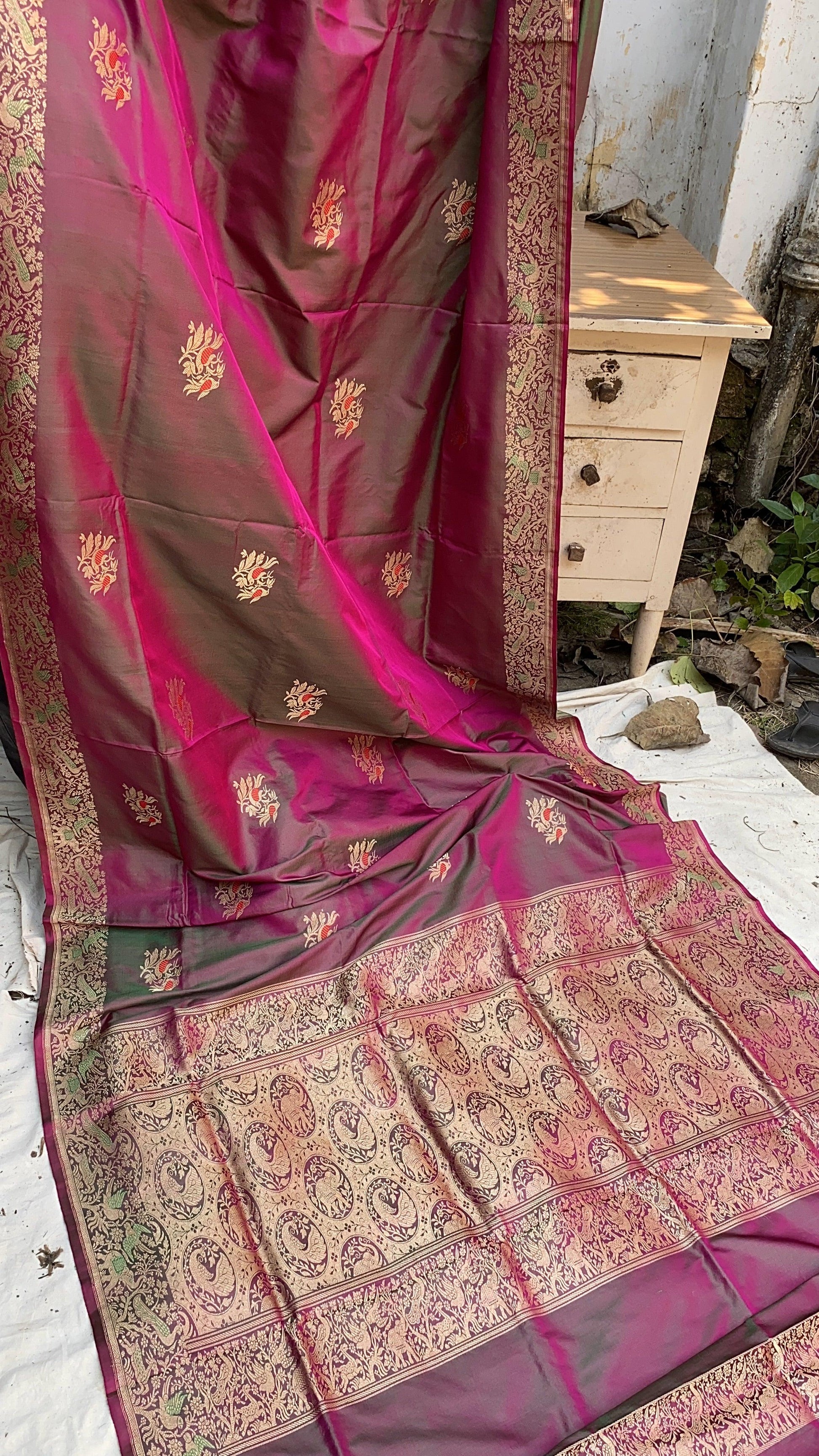 Radiant Greenish Pink Handloom Banarasi Silk Kadhwa Shikargaah Dhoop Chaav Sari by Shades Of Benares - banarasi - banarasi saree shop