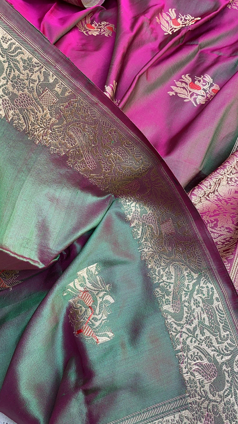 Radiant Greenish Pink Handloom Banarasi Silk Kadhwa Shikargaah Dhoop Chaav Sari by Shades Of Benares - banarasi - banarasi saree shop