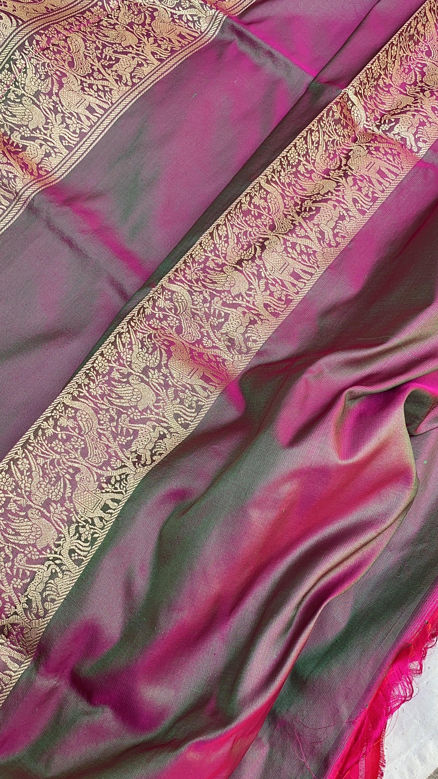 Radiant Greenish Pink Handloom Banarasi Silk Kadhwa Shikargaah Dhoop Chaav Sari by Shades Of Benares - banarasi - banarasi saree shop