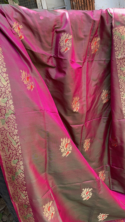 Radiant Greenish Pink Handloom Banarasi Silk Kadhwa Shikargaah Dhoop Chaav Sari by Shades Of Benares - banarasi - banarasi saree shop