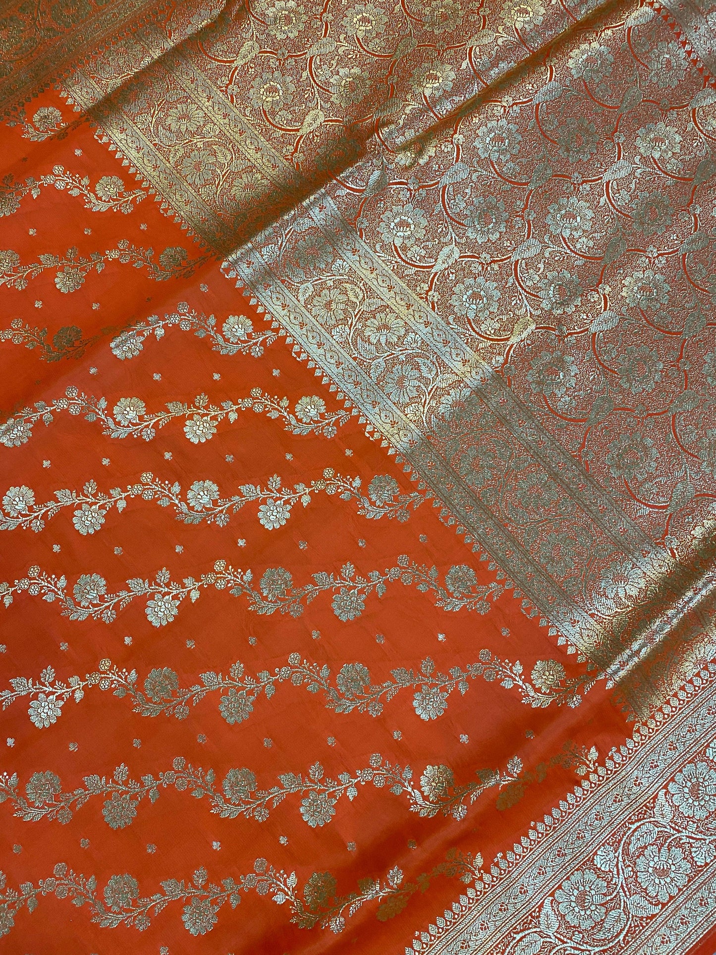 Radiant Orange Banarasi Handloom Silk Saree: A Bridal Masterpiece by Shades Of Benares - banarasi - banarasi saree shop