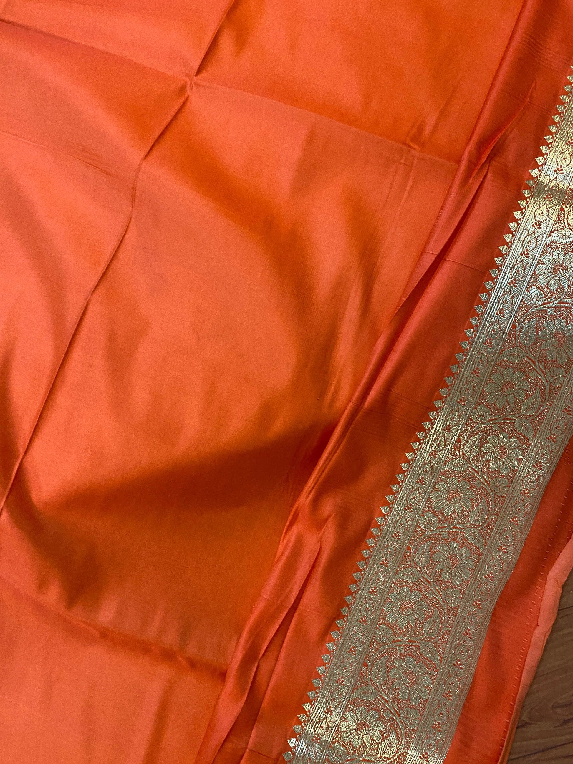 Radiant Orange Banarasi Handloom Silk Saree: A Bridal Masterpiece by Shades Of Benares - banarasi - banarasi saree shop