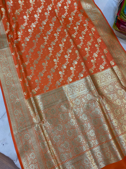 Radiant Orange Banarasi Handloom Silk Saree: A Bridal Masterpiece by Shades Of Benares - banarasi - banarasi saree shop