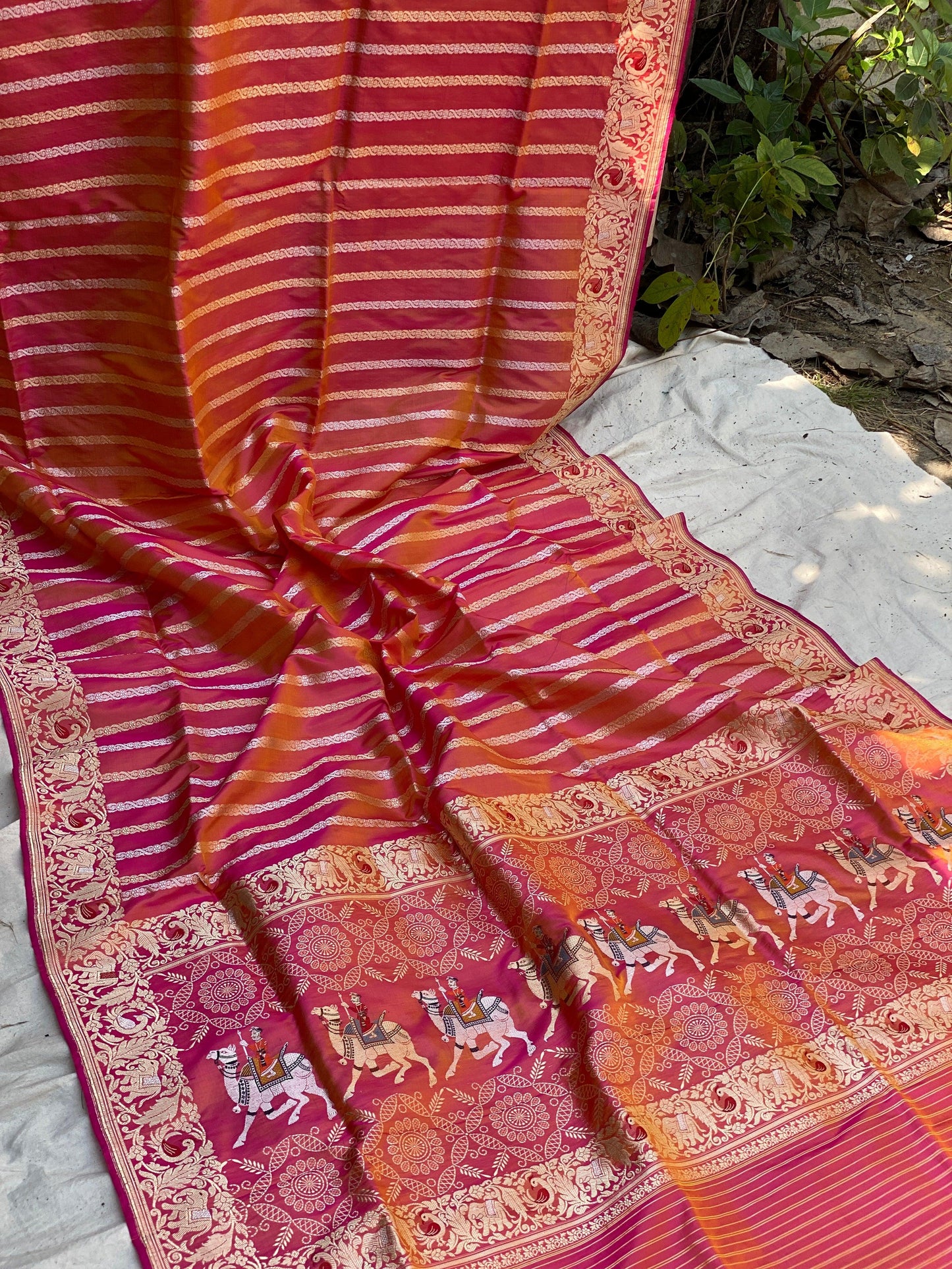 Radiant Pink Dhoop Chaav Kadhwa Banarasi Silk Saree by Shades Of Benares - banarasi - banarasi saree shop