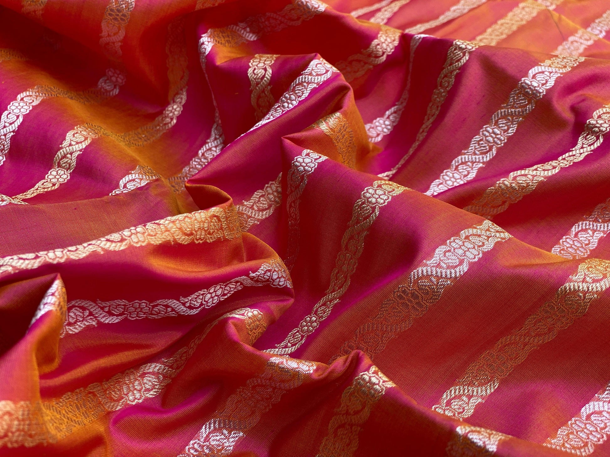 Radiant Pink Dhoop Chaav Kadhwa Banarasi Silk Saree by Shades Of Benares - banarasi - banarasi saree shop