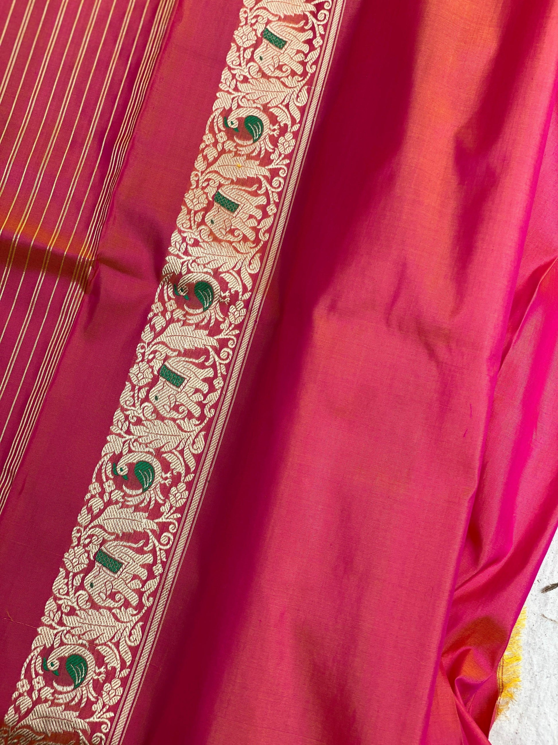 Radiant Pink Dhoop Chaav Kadhwa Banarasi Silk Saree by Shades Of Benares - banarasi - banarasi saree shop