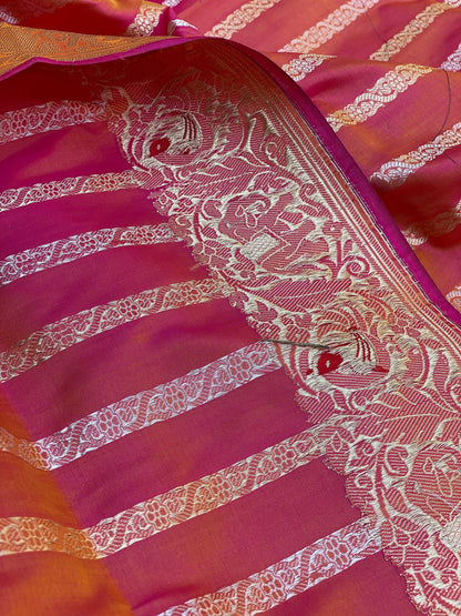 Radiant Pink Dhoop Chaav Kadhwa Banarasi Silk Saree by Shades Of Benares - banarasi - banarasi saree shop