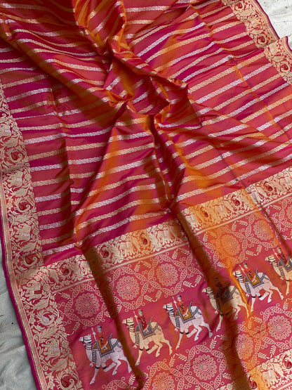 Radiant Pink Dhoop Chaav Kadhwa Banarasi Silk Saree by Shades Of Benares - banarasi - banarasi saree shop