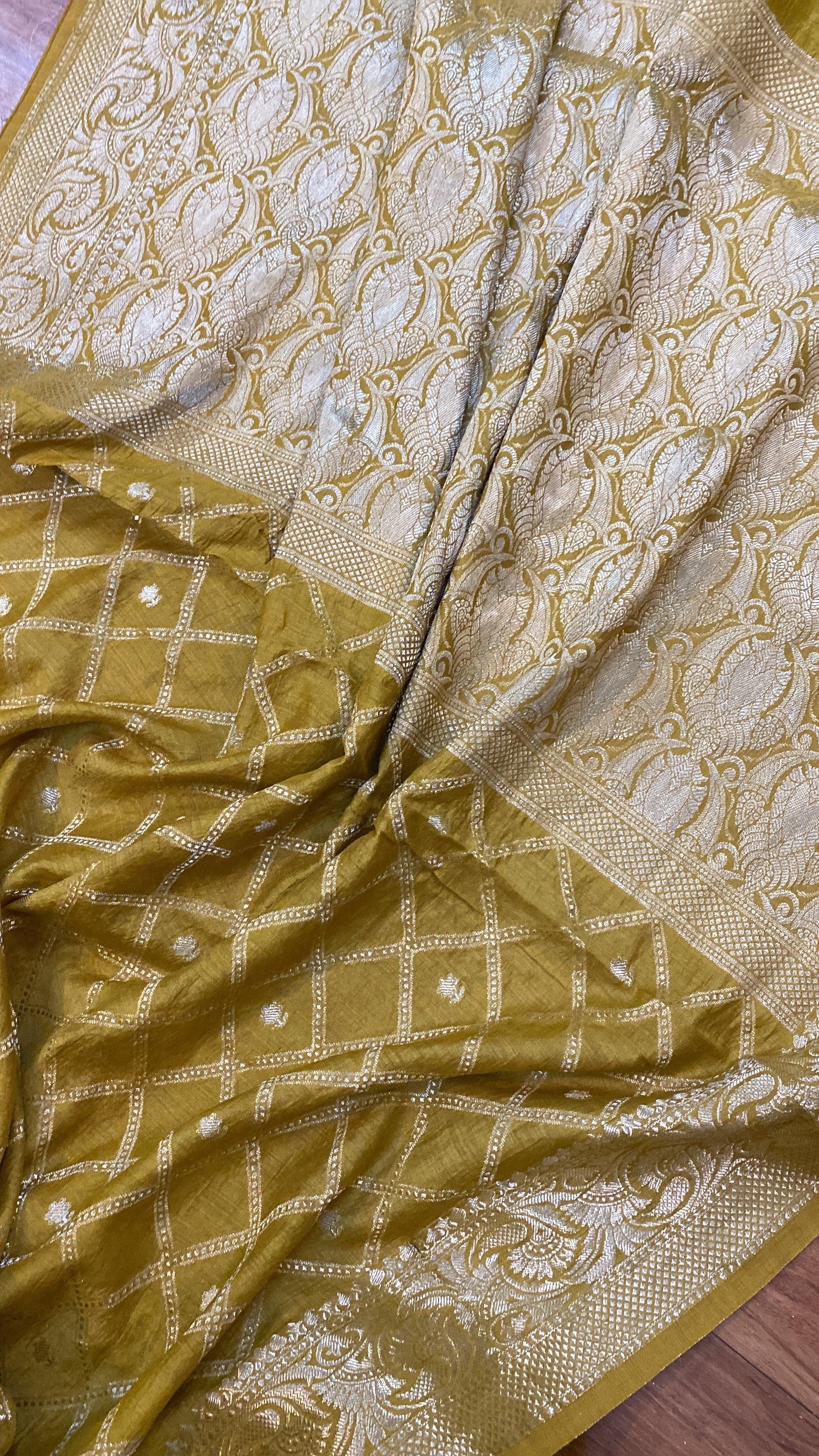 Radiant Splendor: Yellow Pure Moonga Silk Handloom Banarasi Sari by Shades Of Benares - banarasi - banarasi saree shop