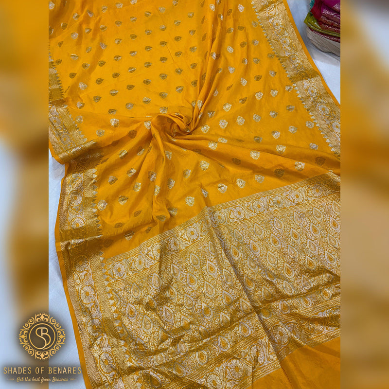 Radiant Yellow Handloom Georgette Banarasi Sari: Embrace Cultural Elegance - Shades Of Benares