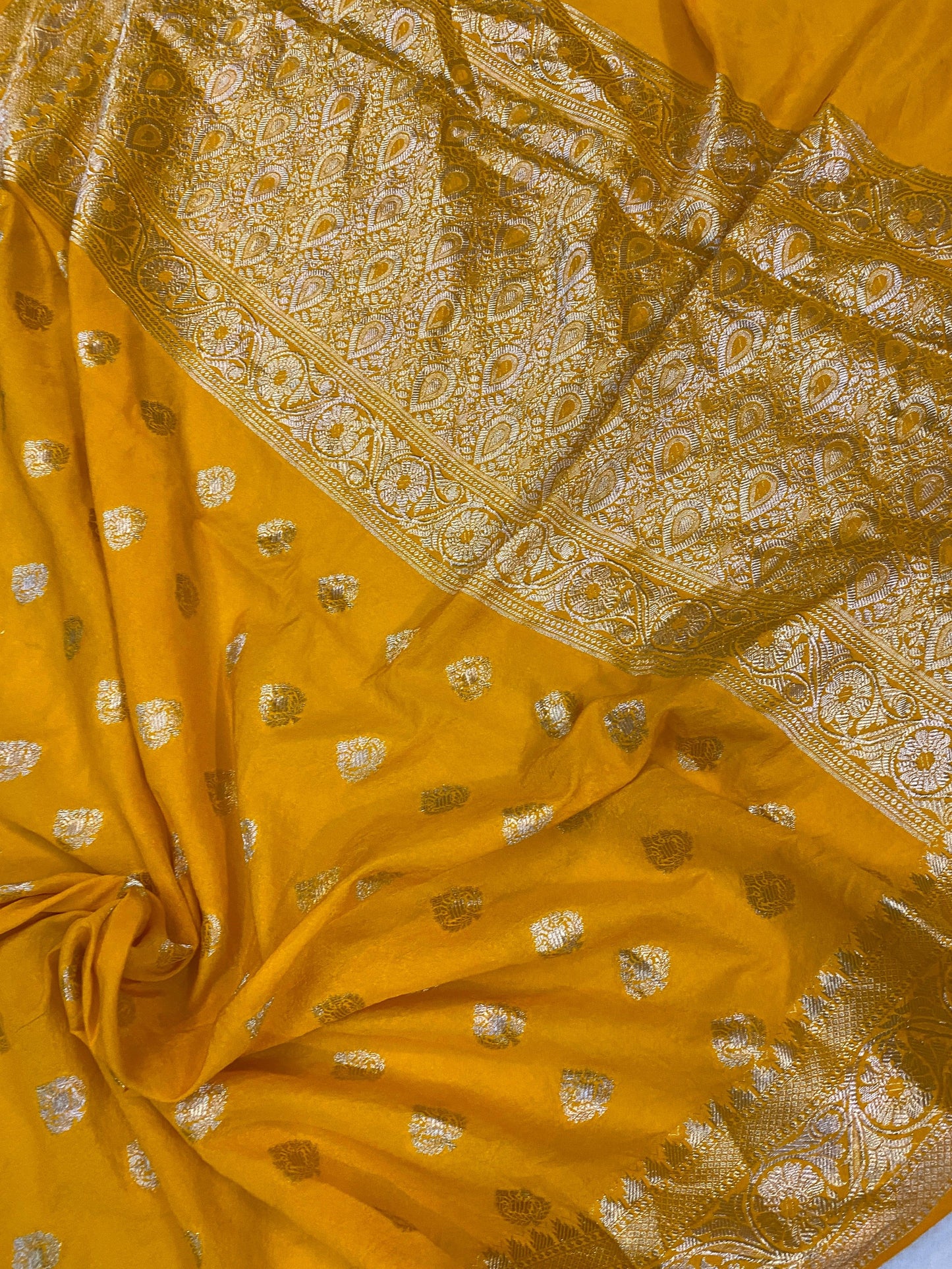 Radiant Yellow Handloom Georgette Banarasi Sari: Embrace Cultural Elegance by Shades Of Benares - banarasi - banarasi saree shop