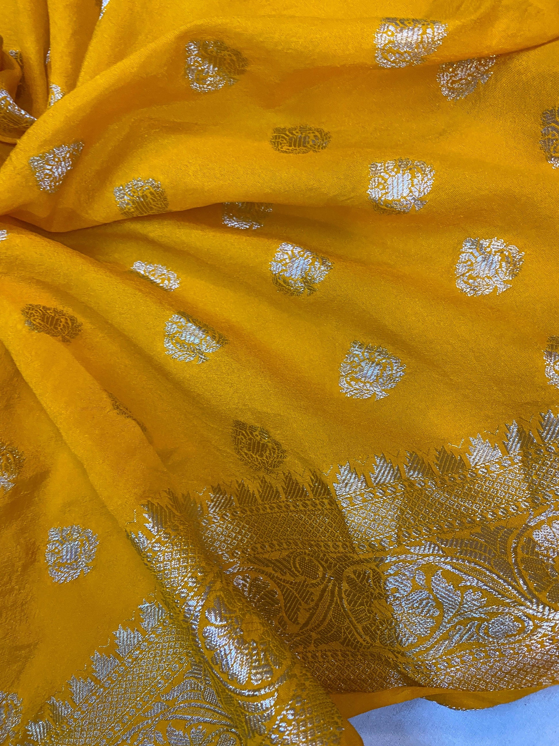 Radiant Yellow Handloom Georgette Banarasi Sari: Embrace Cultural Elegance by Shades Of Benares - banarasi - banarasi saree shop