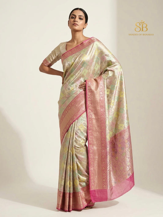 Rangkaat pastel tissue silk Banarasi handloom saree with minakari checkered weave