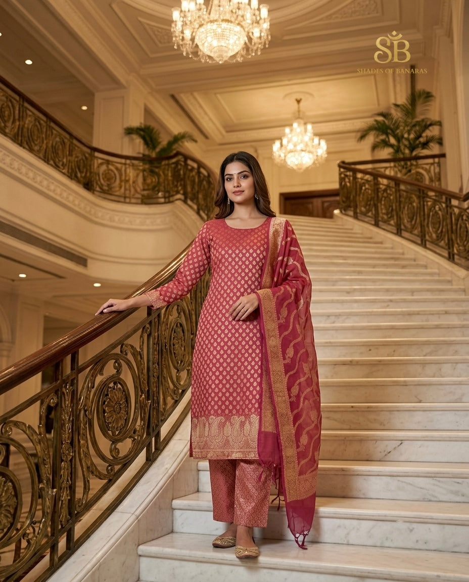 Rani Pink pure cotton silk Banarasi handloom unstitched suit set