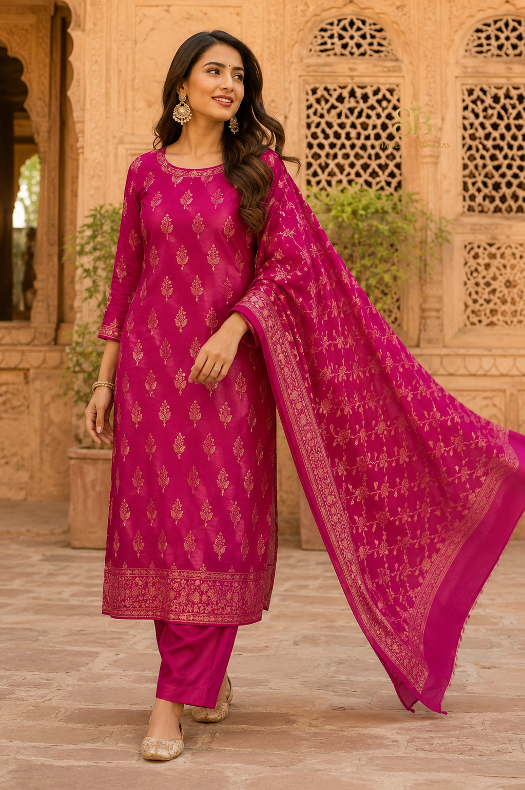 Vibrant Rani Pink Pure Cotton Silk Banarasi Suit Set - Shades of Banaras