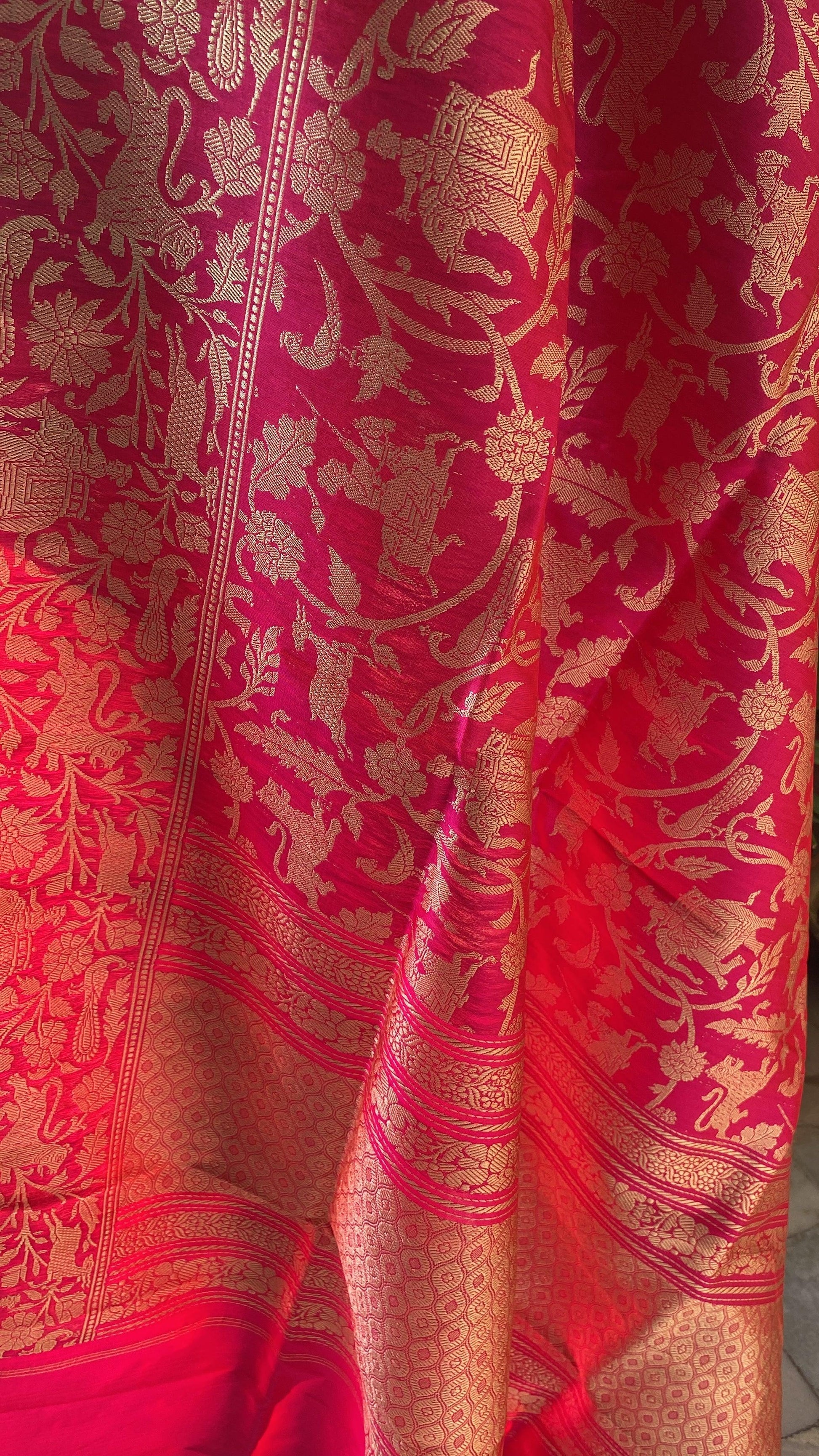 Rani Pink Handloom Shikargah Dupatta by Shades Of Benares - banarasi - banarasi saree shop