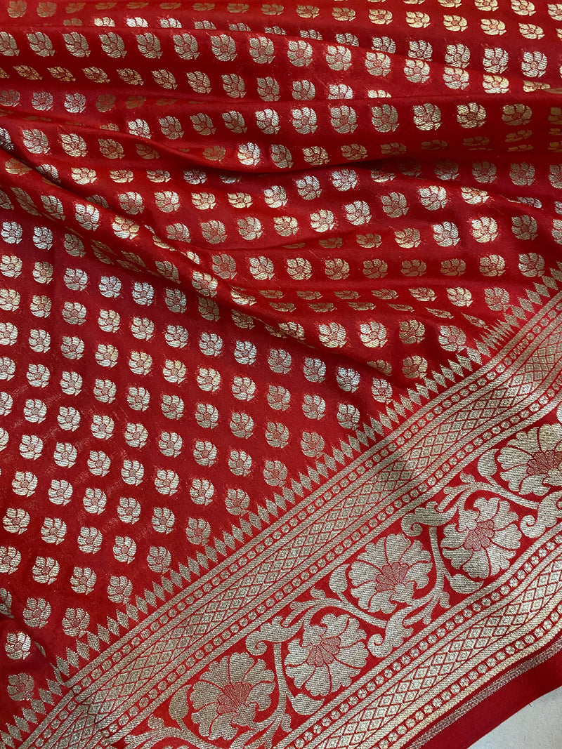 Ravishing Red Handloom Katan Uppada Silk Saree by Shades Of Benares - banarasi - banarasi saree shop