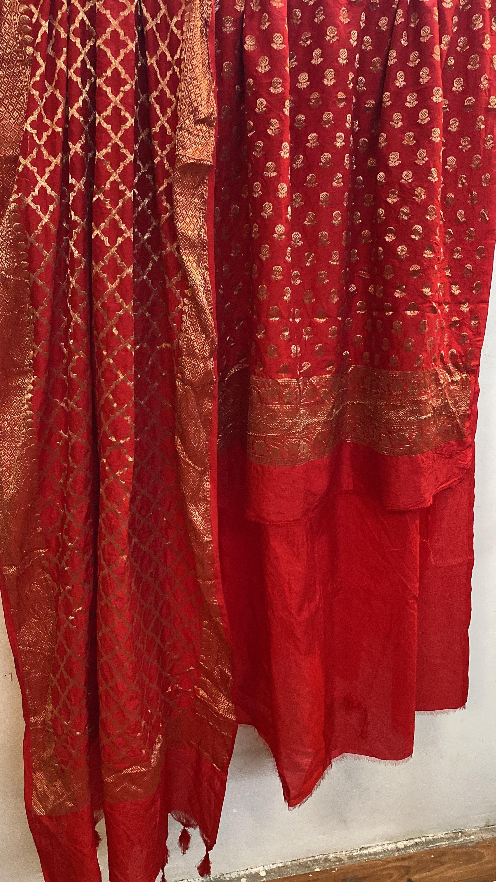 Red Banarasi cotton silk handloom 3 pcs suit set by Shades Of Benares - banarasi - banarasi saree shop