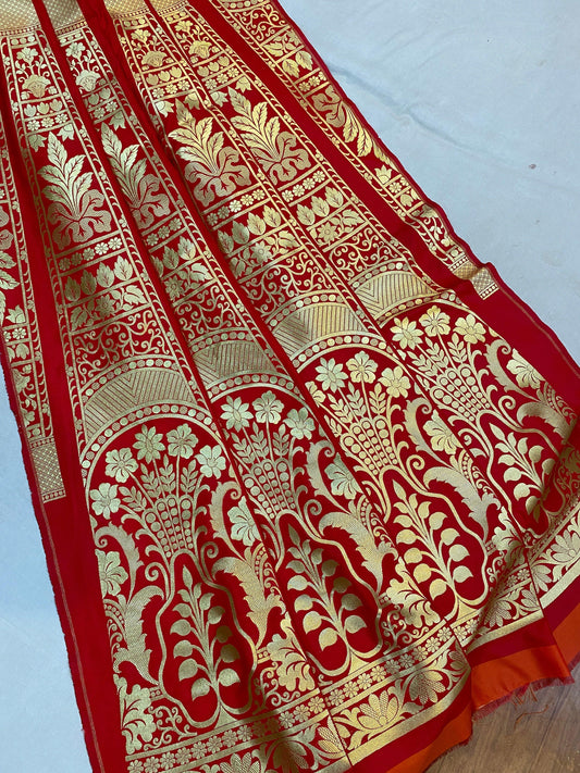 Red Banarasi Katan Silk Handloom Lehenga by Shades Of Benares - banarasi - banarasi saree shop