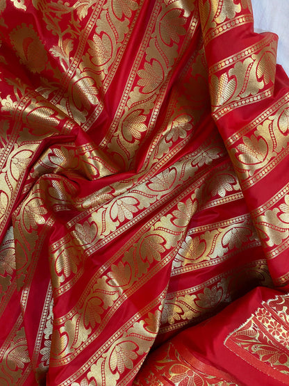 Red Banarasi Katan Silk Handloom Lehenga by Shades Of Benares - banarasi - banarasi saree shop