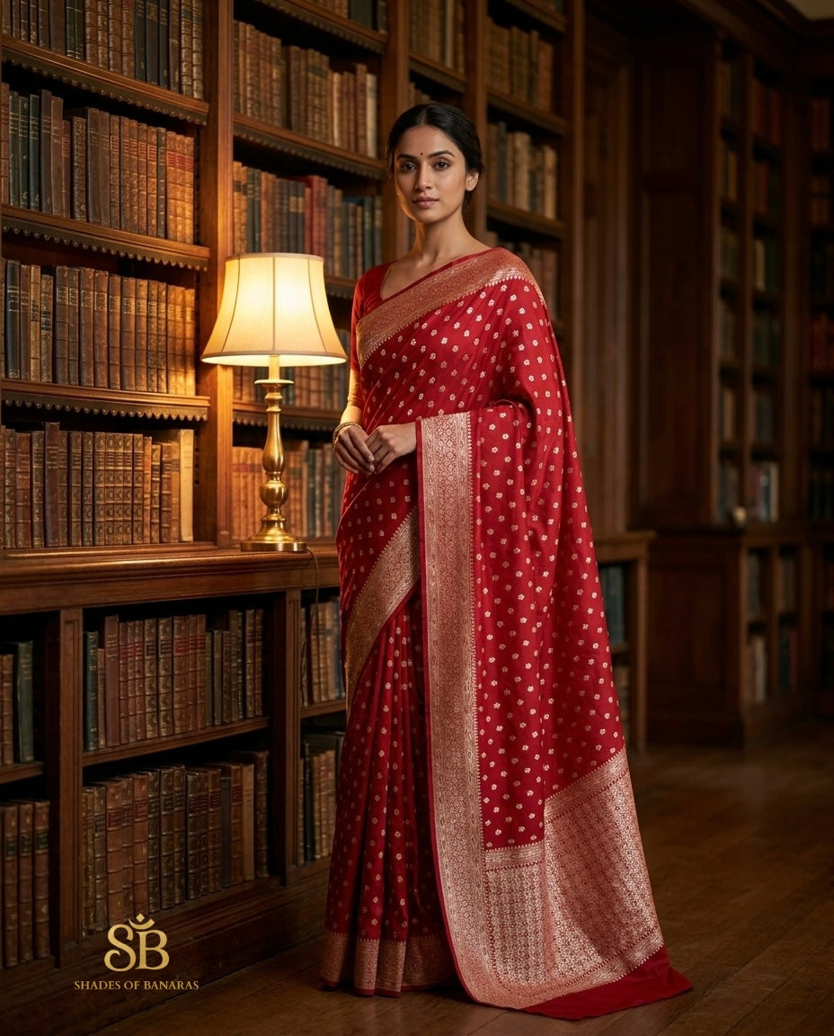 Regal red pure Katan silk Banarasi handloom saree in heritage library