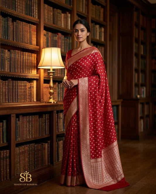 Regal red pure Katan silk Banarasi handloom saree in heritage library
