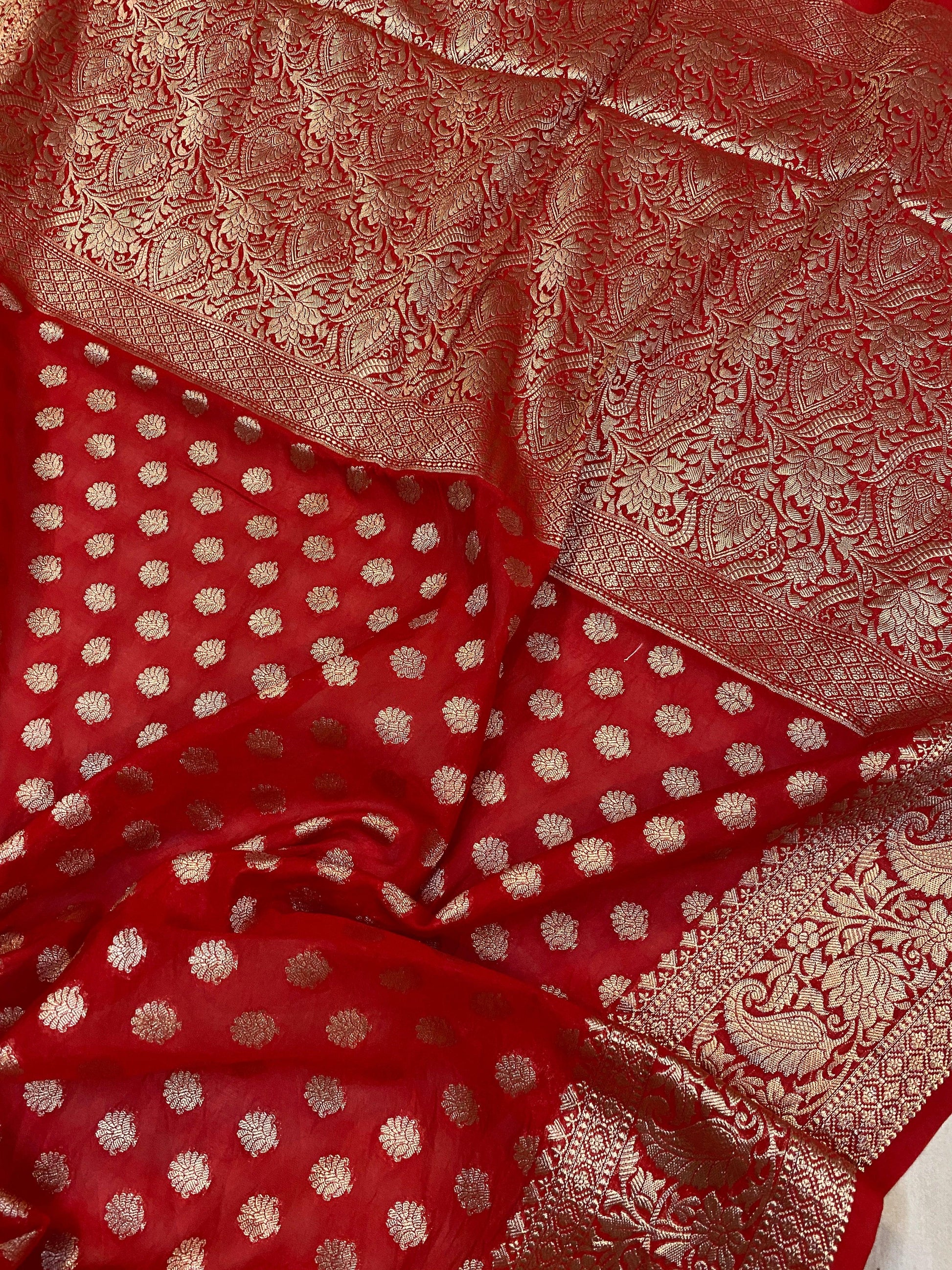 Red Handloom Cotton Silk Banarasi Sari by Shades Of Benares - banarasi - banarasi saree shop