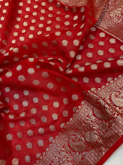 Red Handloom Cotton Silk Banarasi Sari by Shades Of Benares - banarasi - banarasi saree shop