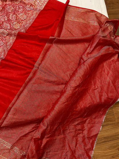 Red Handloom Crepe Butter Silk Banarasi Sari by Shades Of Benares - banarasi - banarasi saree shop