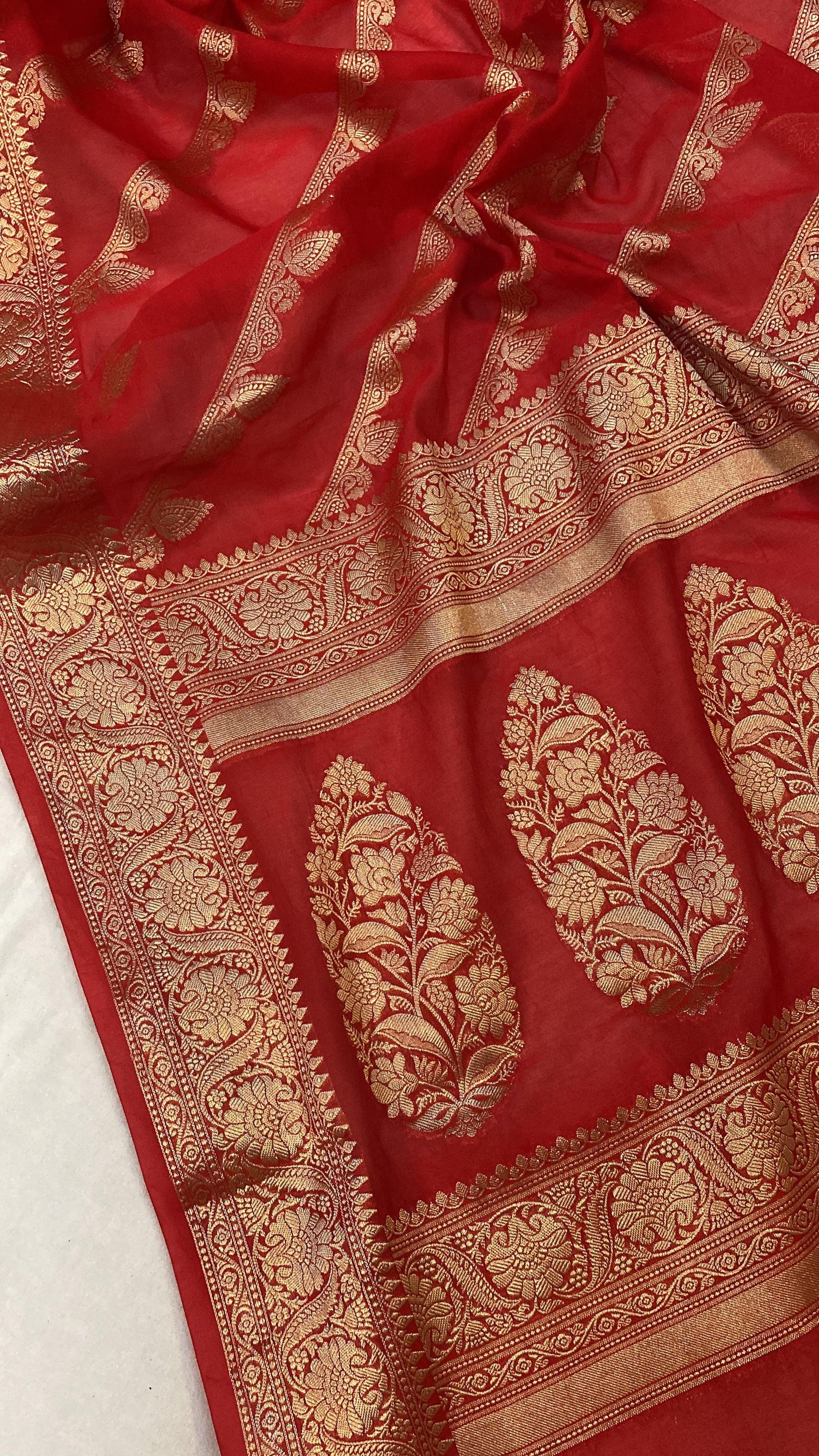 Red Handloom Georgette Banarasi Sari by Shades Of Benares - banarasi - banarasi saree shop