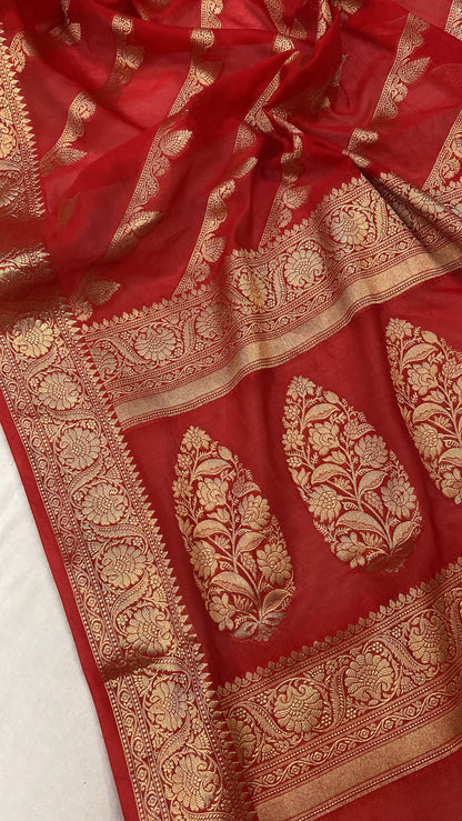 Red Handloom Georgette Banarasi Sari by Shades Of Benares - banarasi - banarasi saree shop