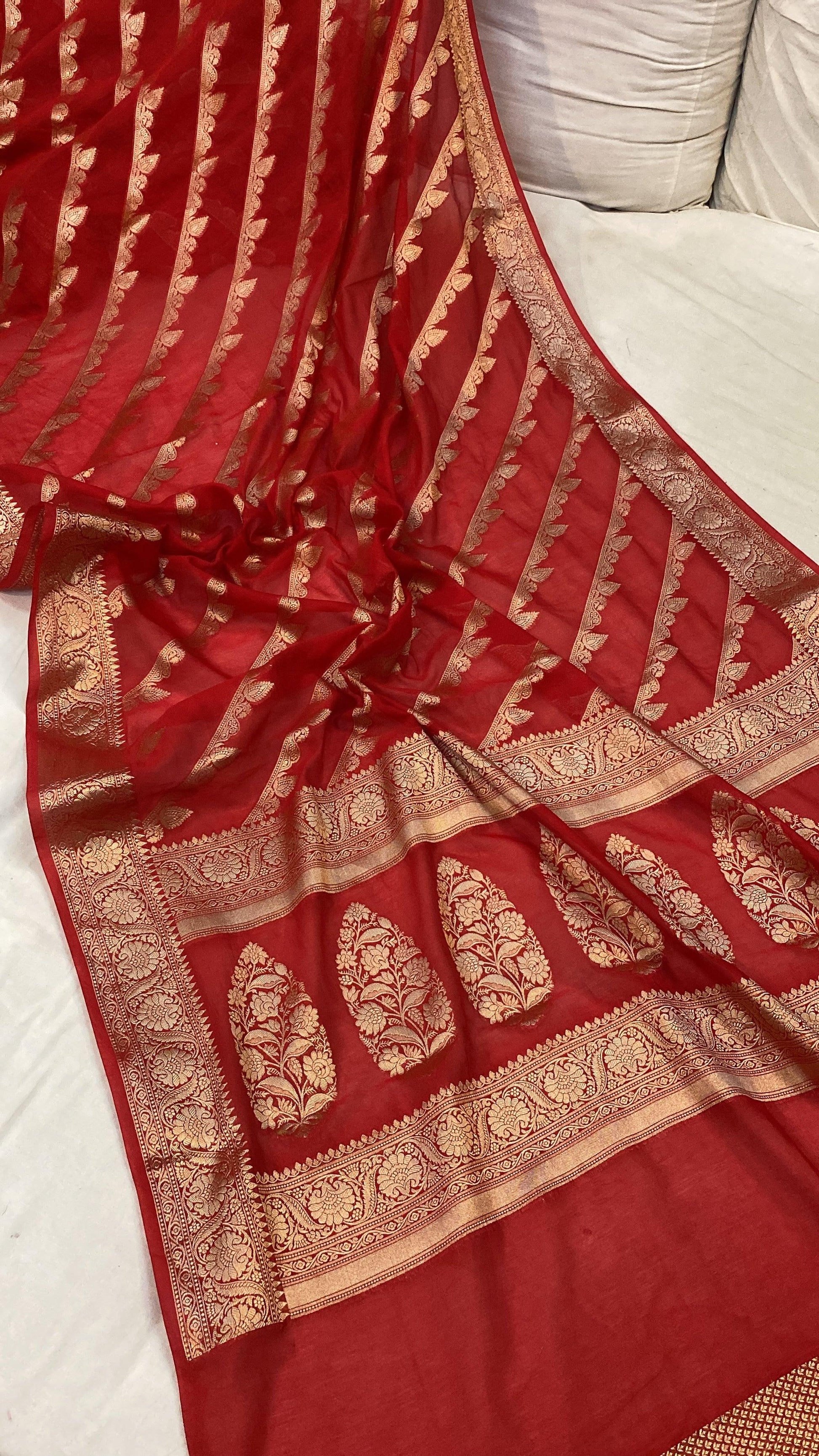 Red Handloom Georgette Banarasi Sari by Shades Of Benares - banarasi - banarasi saree shop