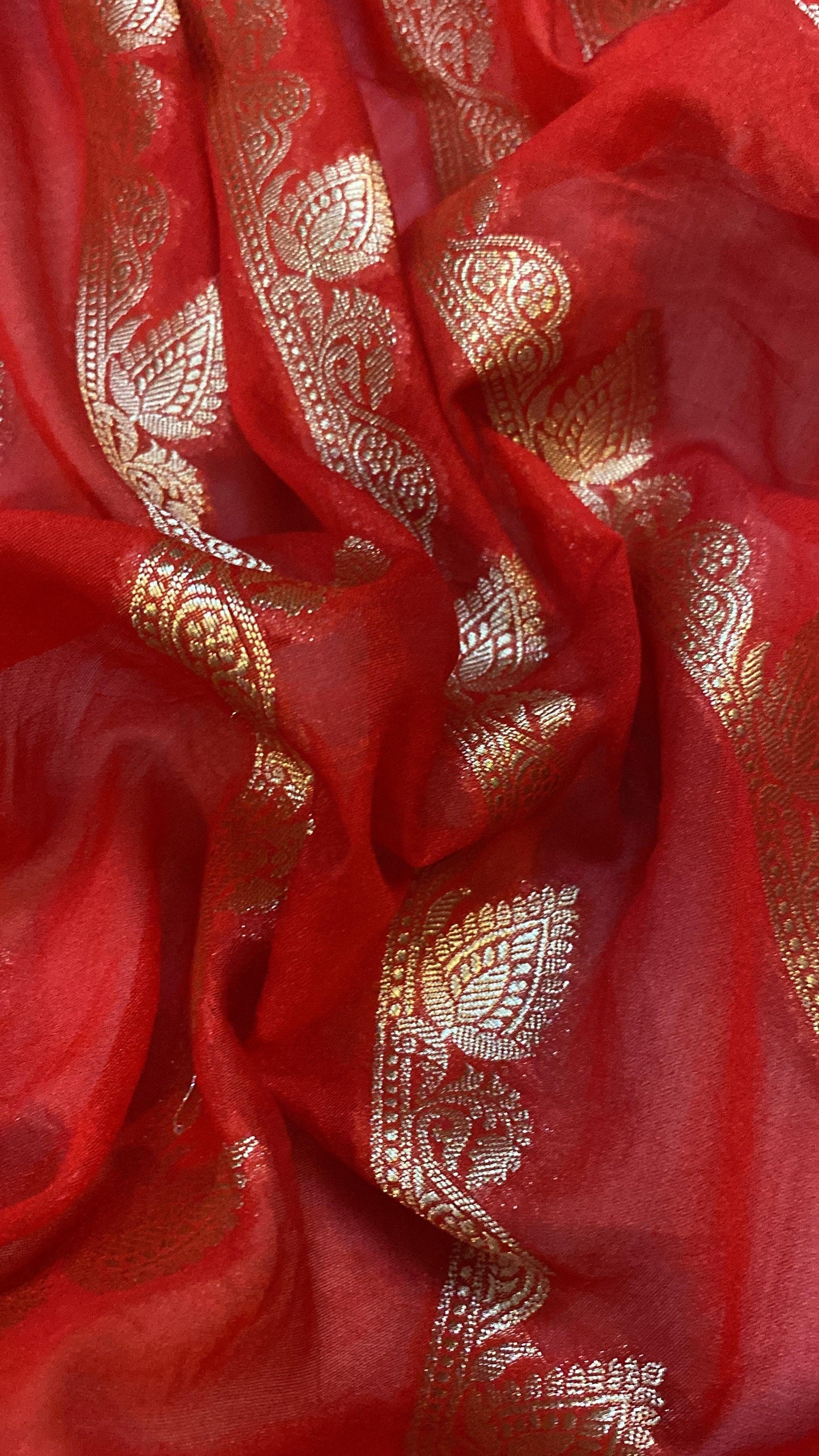 Red Handloom Georgette Banarasi Sari by Shades Of Benares - banarasi - banarasi saree shop