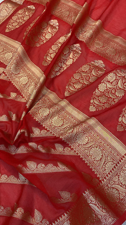 Red Handloom Georgette Banarasi Sari by Shades Of Benares - banarasi - banarasi saree shop