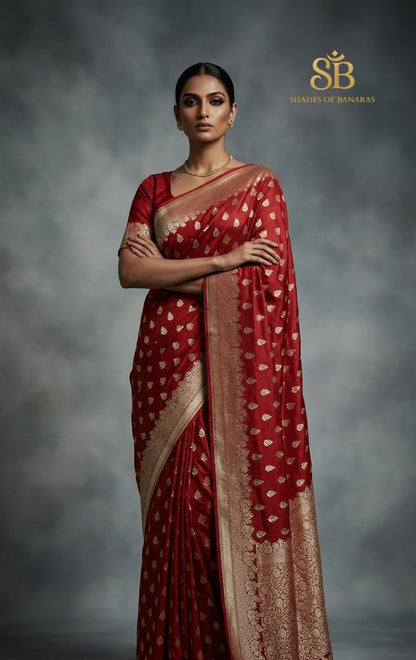 Rosso Nobile red mango silk Banarasi saree with matt gold zari cutwork butis