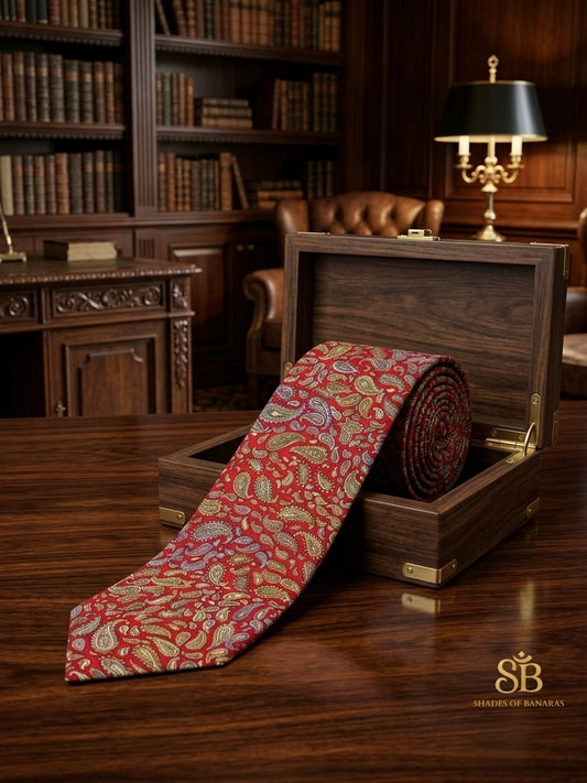 Red pure silk Banarasi handloom necktie from Varanasi with hand printed paisley