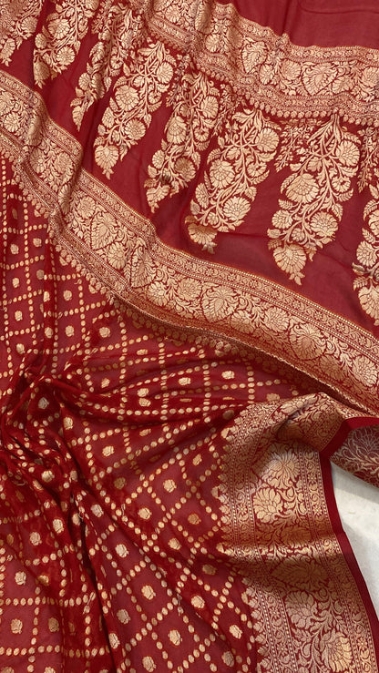 Red Pure Khaddi Georgette Banarasi Sari by Shades Of Benares - banarasi - banarasi saree shop