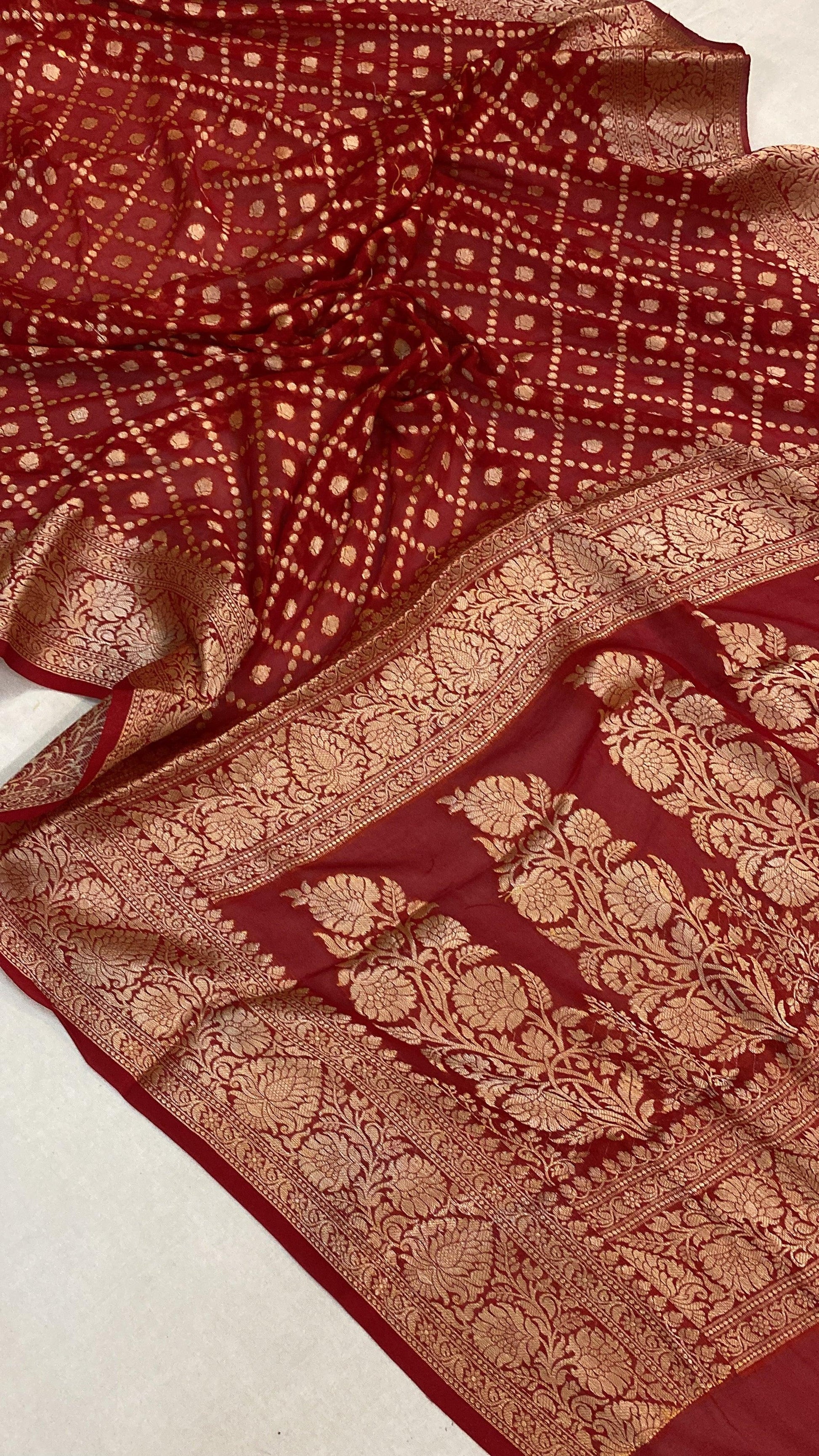 Red Pure Khaddi Georgette Banarasi Sari by Shades Of Benares - banarasi - banarasi saree shop